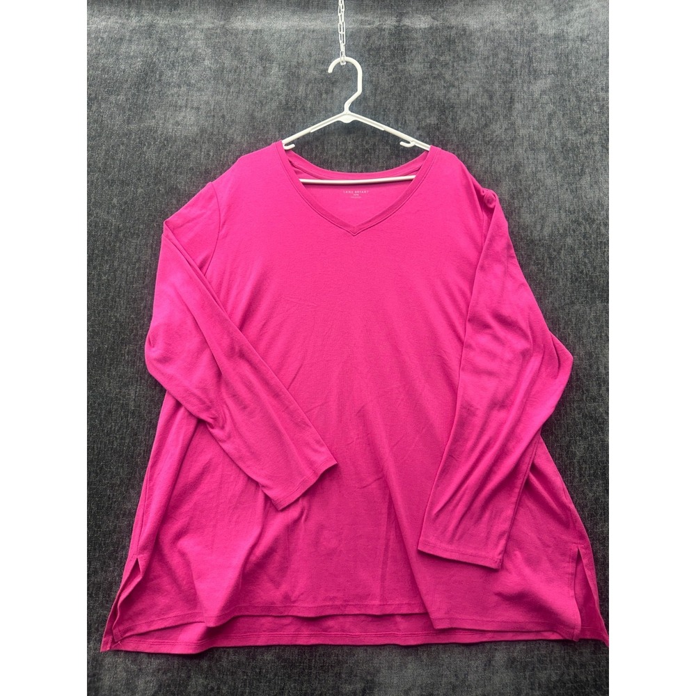 Lane Bryant Tunic Shirt Womens 26/28 Pink Cotton Stretch V Neck Side Slit Casual